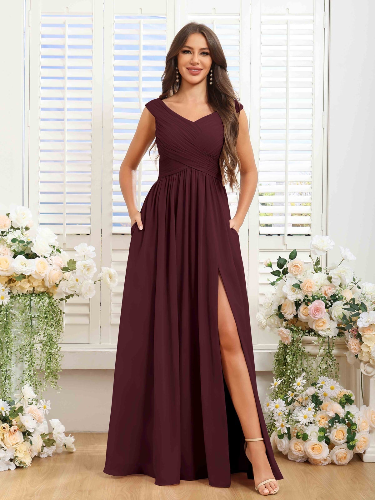 Burgundy Chiffon V-Neck Cap Sleeve Dress, Office-Safe Version Burgundy Chiffon V-Neck Cap Sleeve Dress, Office-Safe Version — Trendy Bridesmaid Dress