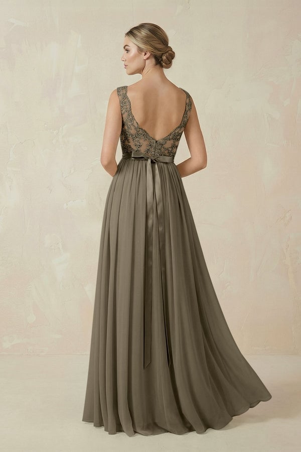 Taupe Chiffon A-Line Dress with Lace Bodice, Close-Up Take Taupe Chiffon A-Line Dress with Lace Bodice, Close-Up Take — Trendy Bridesmaid Dress