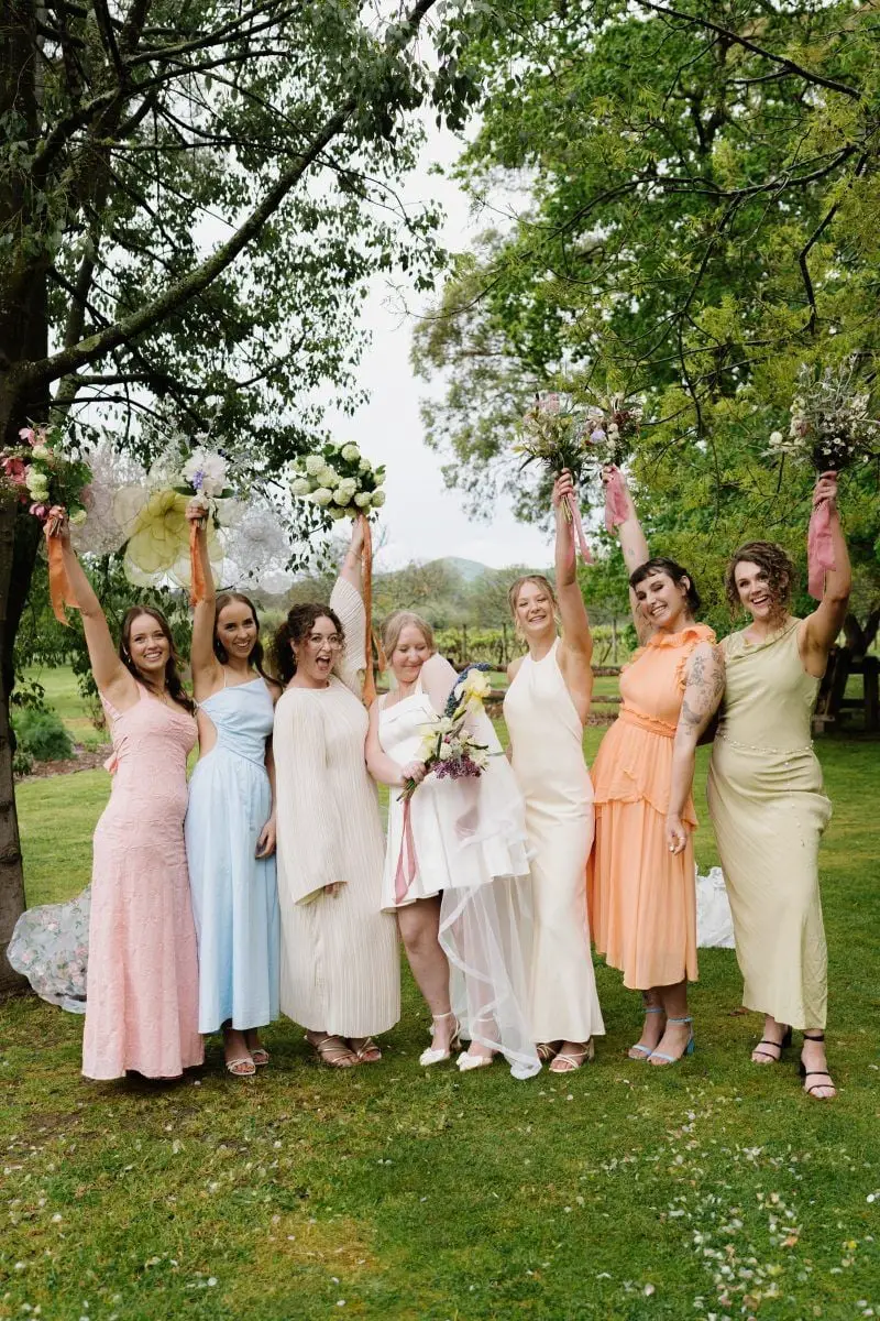 Mismatched Pastel Dresses in Pink Yellow and Cream Mismatched Pastel Dresses in Pink Yellow and Cream — Trendy Bridesmaid Dress
