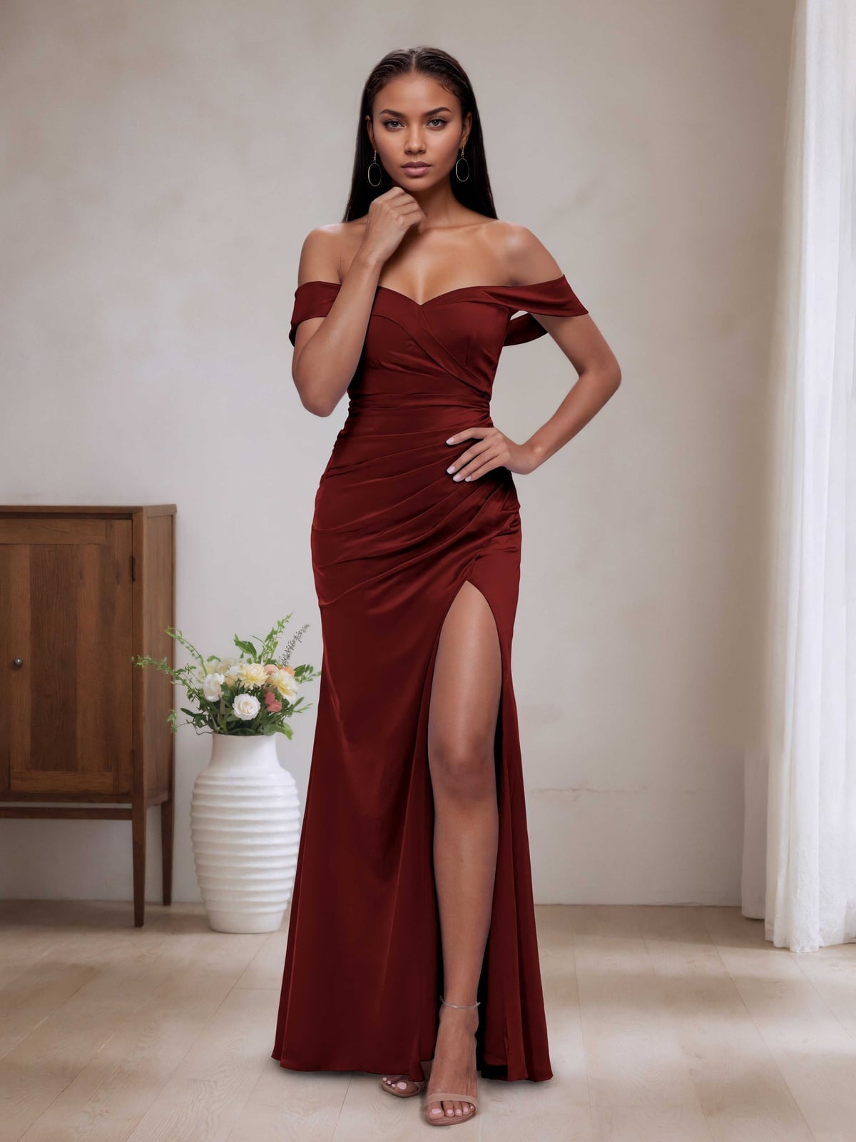 Burgundy Satin Ruched Off-the-Shoulder Dress Burgundy Satin Ruched Off-the-Shoulder Dress — Trendy Bridesmaid Dress