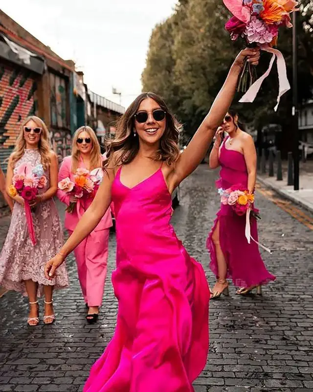 Hot Pink Satin Flowy Slip Dress Hot Pink Satin Flowy Slip Dress — Trendy Bridesmaid Dress