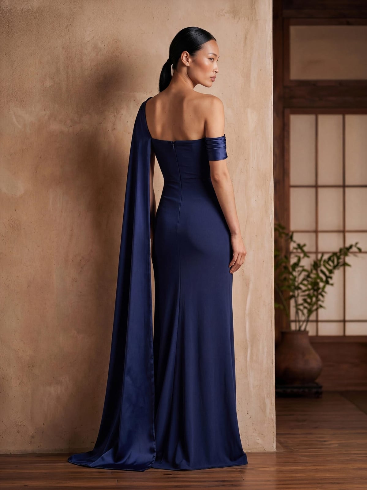 Navy Blue Satin Cape Sleeve Off-the-Shoulder Dress With Strappy Heels Navy Blue Satin Cape Sleeve Off-the-Shoulder Dress With Strappy Heels — Trendy Bridesmaid Dress