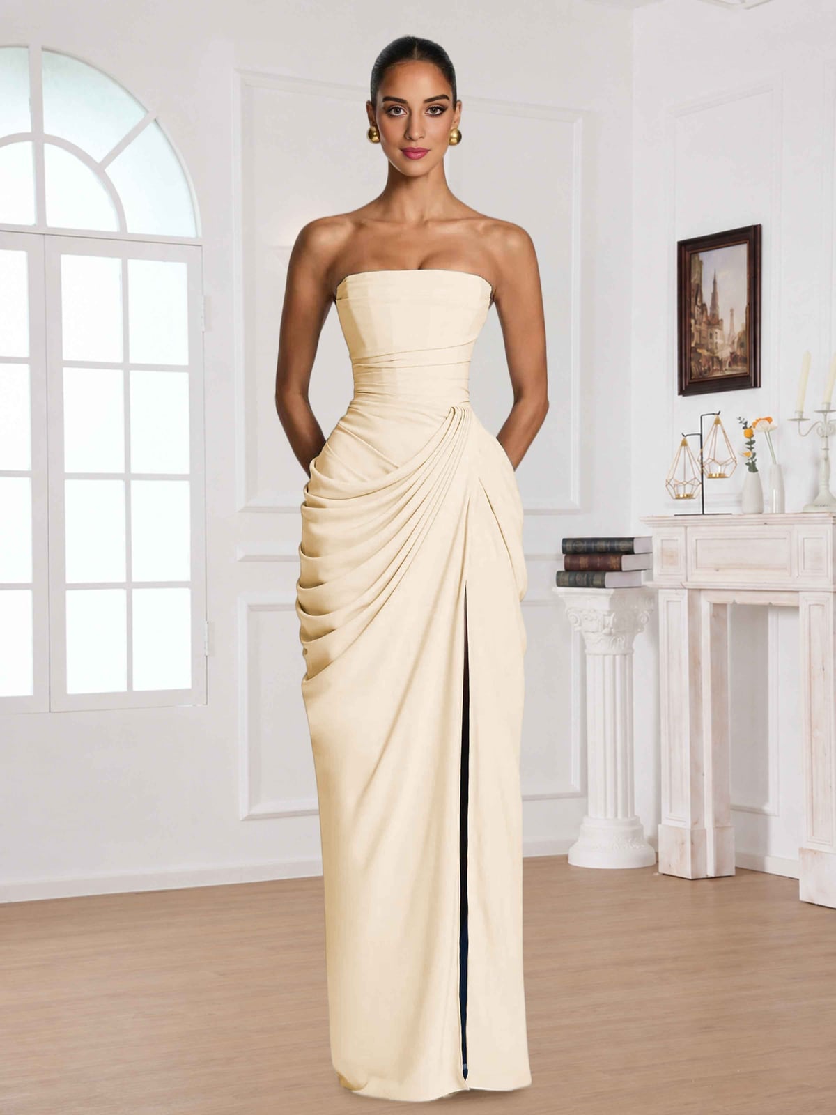 Cream Strapless Satin Draped Ruched Dress Cream Strapless Satin Draped Ruched Dress — Trendy Bridesmaid Dress