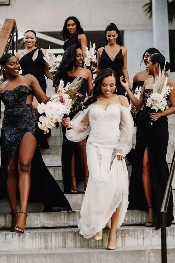 Black Sequin Off-the-Shoulder High Slit Dress Black Sequin Off-the-Shoulder High Slit Dress — Trendy Bridesmaid Dress