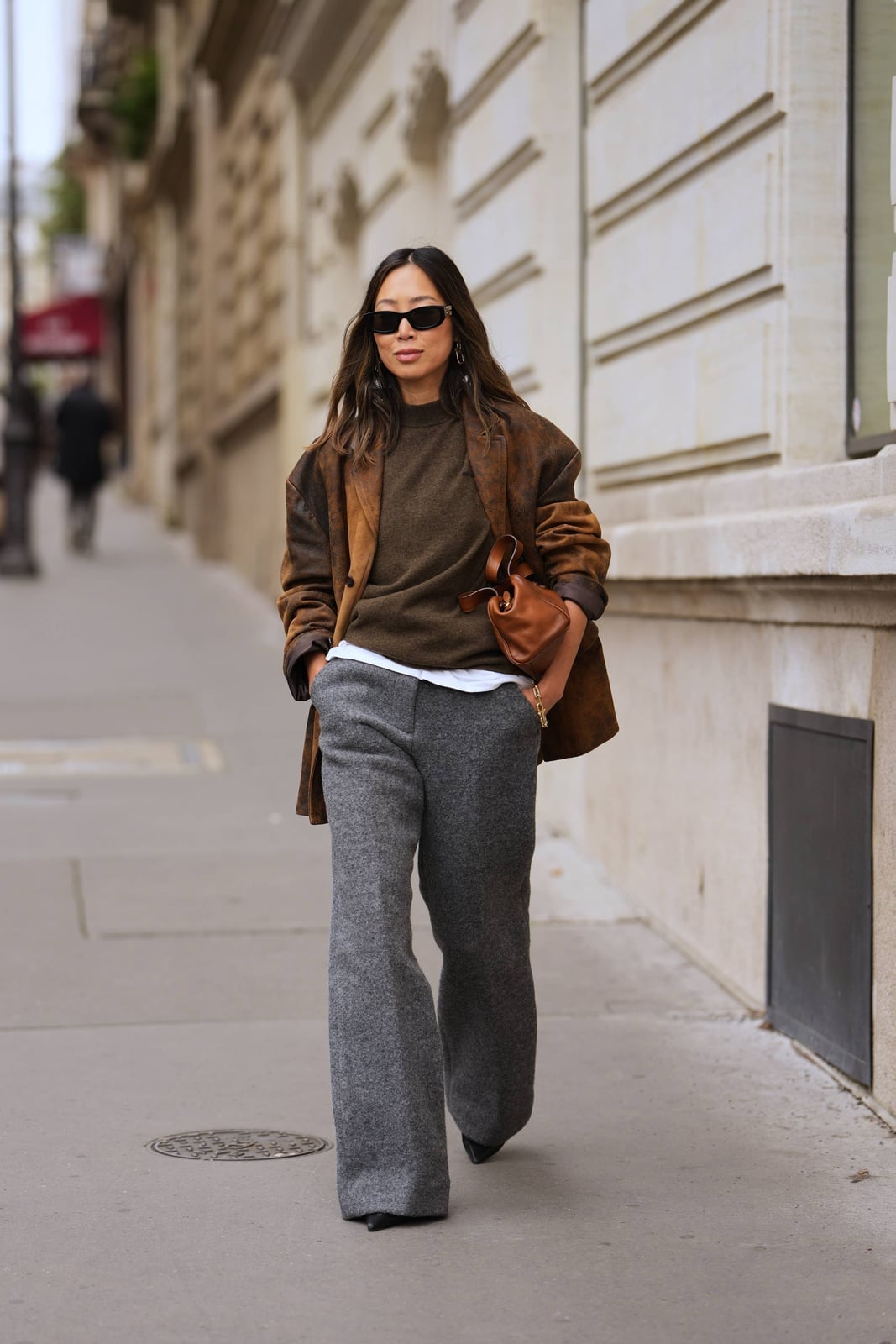Suede Blazer With Wide Leg Trousers Suede Blazer With Wide Leg Trousers — Trendy Brown Blazer Outfit