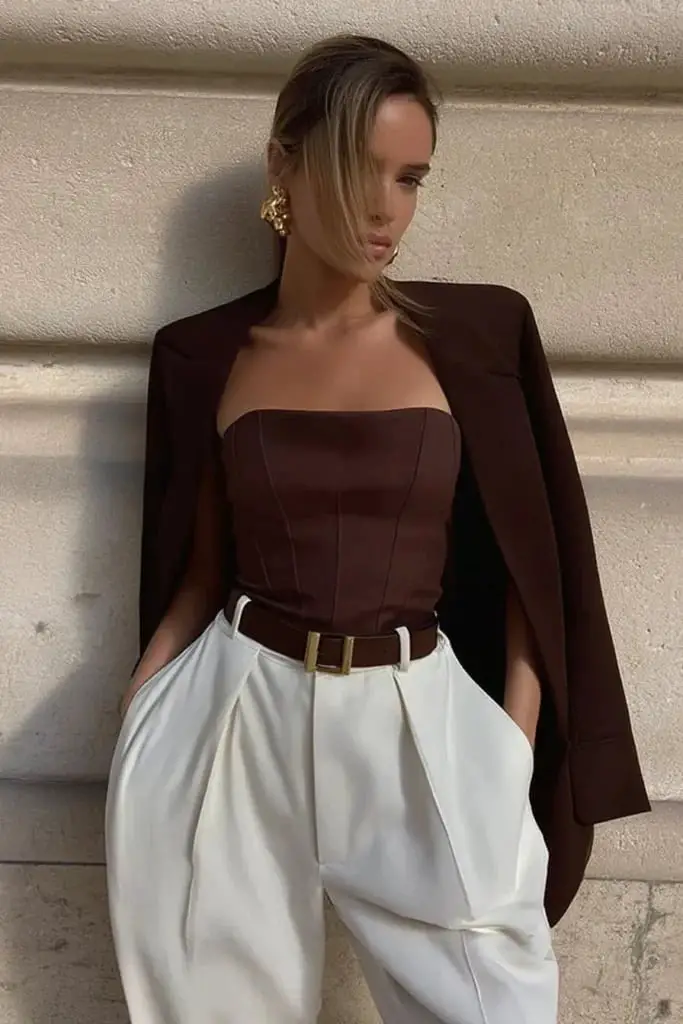 Blazer Draped Over Corset Top Blazer Draped Over Corset Top — Trendy Brown Blazer Outfit