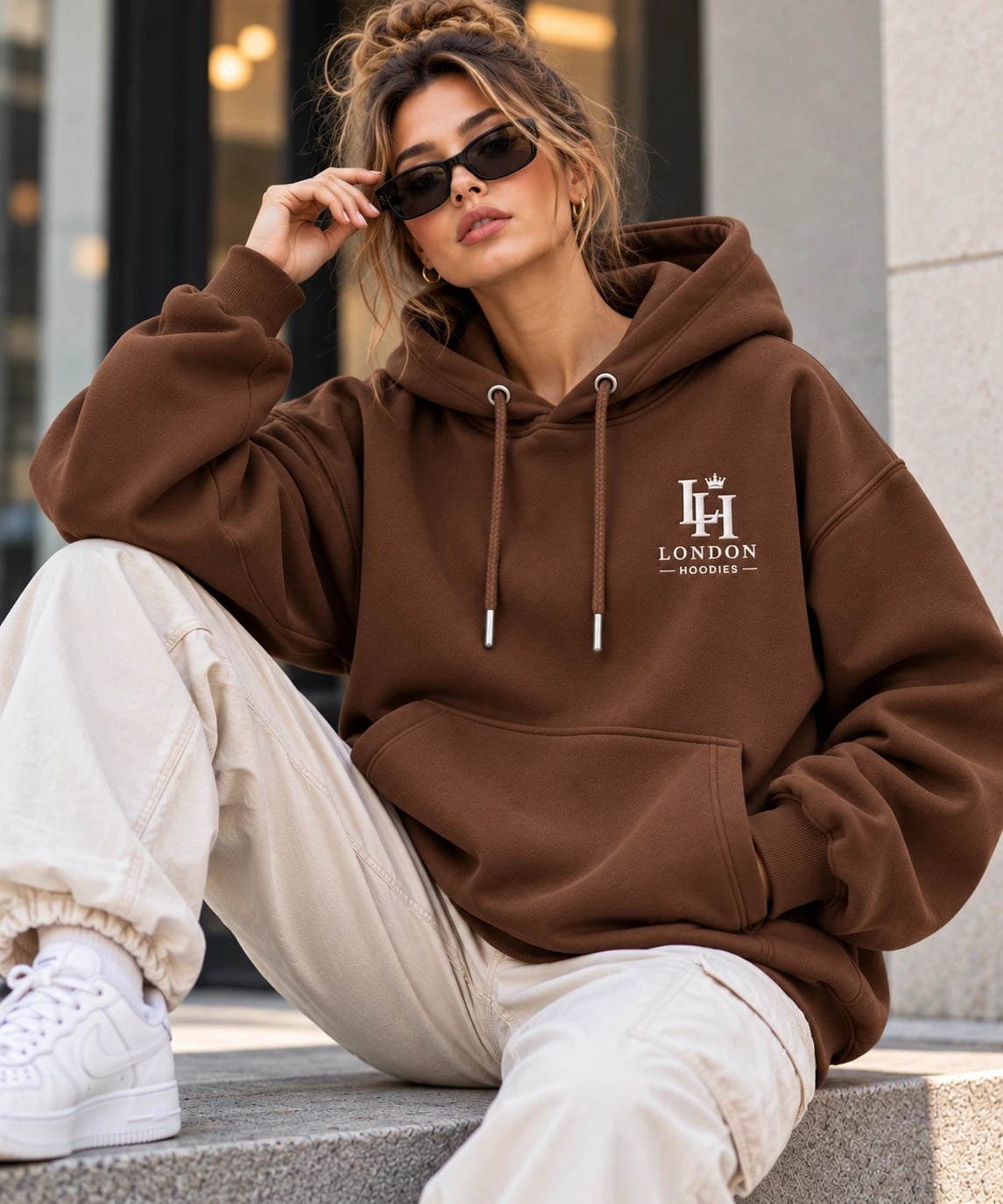 Oversized Brown Hoodie with Graphic Logo and Cream Pants Oversized Brown Hoodie with Graphic Logo and Cream Pants — Trendy Brown Hoodie Outfit