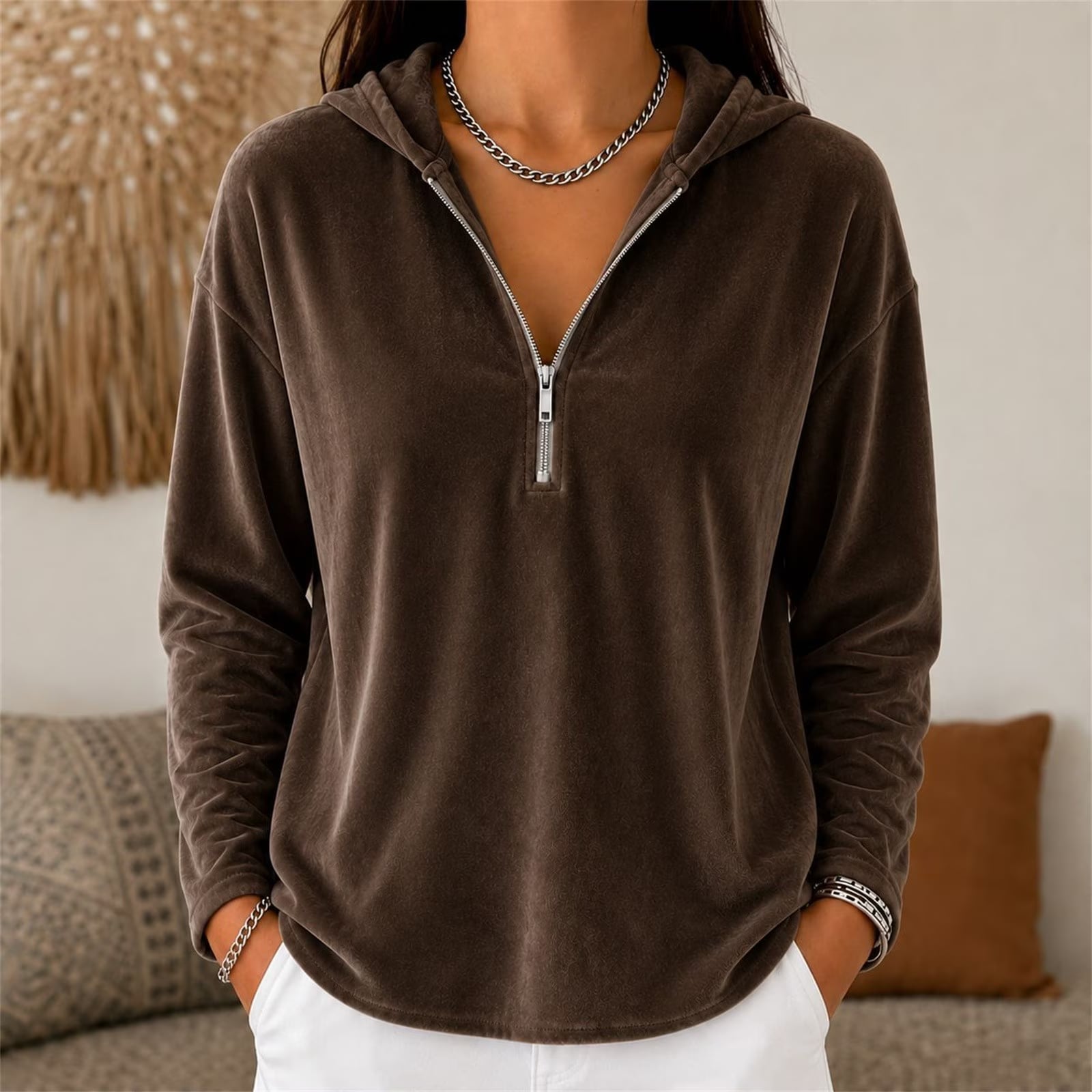 Brown Velour Zip-Up Hoodie with White Pants and Silver Jewelry Brown Velour Zip-Up Hoodie with White Pants and Silver Jewelry — Trendy Brown Hoodie Outfit