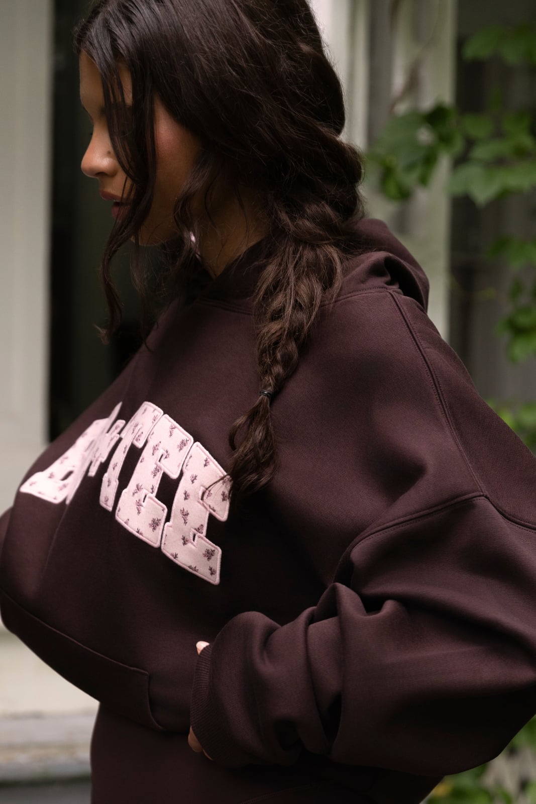 Oversized Brown Hoodie with Pink and White Appliqué Logo Oversized Brown Hoodie with Pink and White Appliqué Logo — Trendy Brown Hoodie Outfit