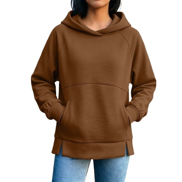 Loose-fit Brown Fleece Hoodie with Split Hem and Blue Jeans Loose-fit Brown Fleece Hoodie with Split Hem and Blue Jeans — Trendy Brown Hoodie Outfit
