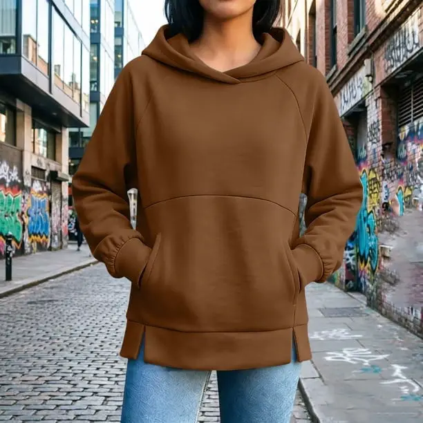 Loose-fit Brown Pullover Hoodie with Split Hem, Everyday Version Loose-fit Brown Pullover Hoodie with Split Hem, Everyday Version — Trendy Brown Hoodie Outfit