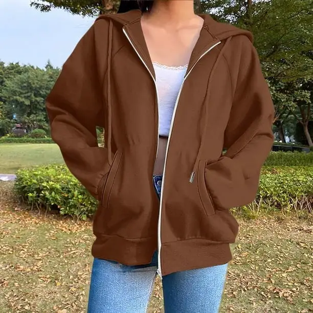 Brown Zip-Up Hoodie Over Tank Top with Blue, Office-Safe Version Brown Zip-Up Hoodie Over Tank Top with Blue, Office-Safe Version — Trendy Brown Hoodie Outfit