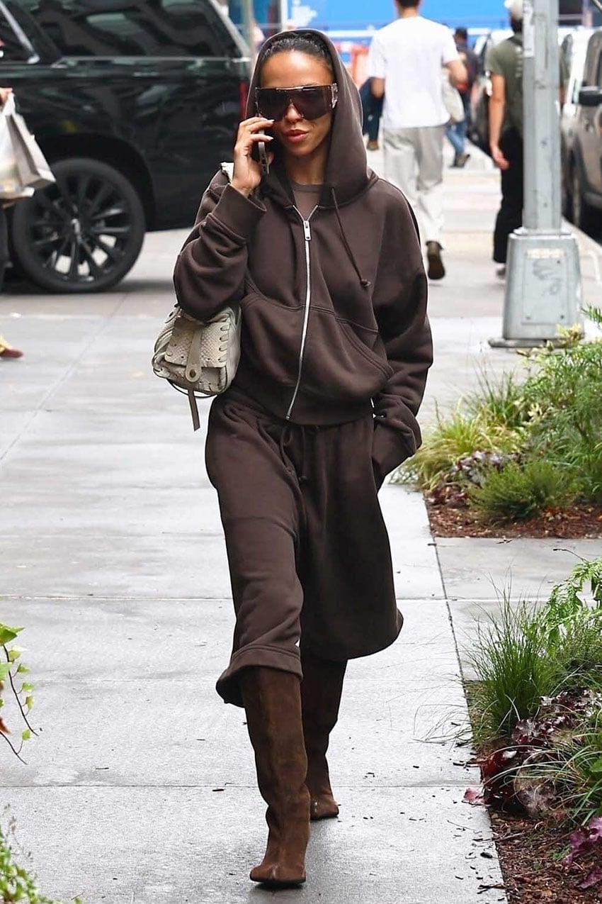 Brown Zip-Up Hoodie with T-Shirt, Trousers, and Suede Boots Brown Zip-Up Hoodie with T-Shirt, Trousers, and Suede Boots — Trendy Brown Hoodie Outfit