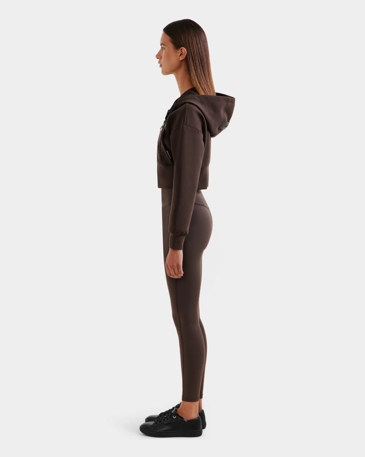 Dark Brown Cropped Zip Hoodie with Fitted Leggings Dark Brown Cropped Zip Hoodie with Fitted Leggings — Trendy Brown Hoodie Outfit