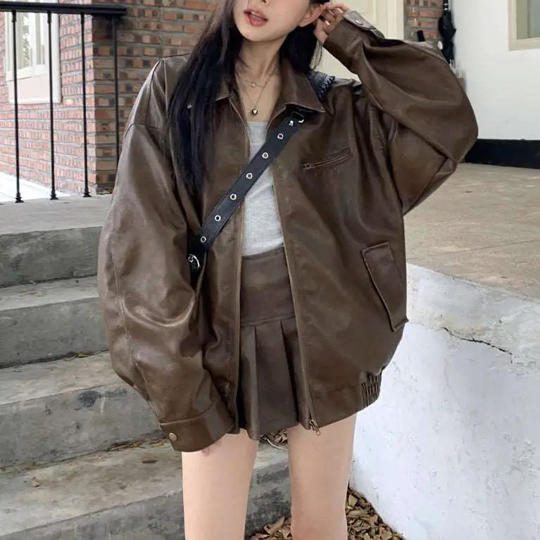 Oversized Brown Leather Jacket with A-Line Skirt — Trendy Brown Jacket Outfit