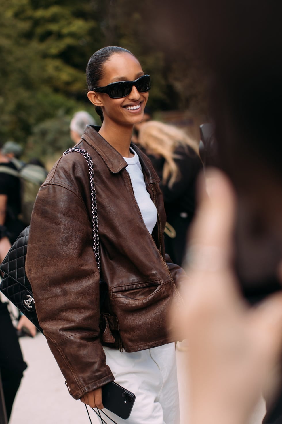 Oversized Brown Jacket with White T-Shirt and Trousers — Trendy Brown Jacket Outfit