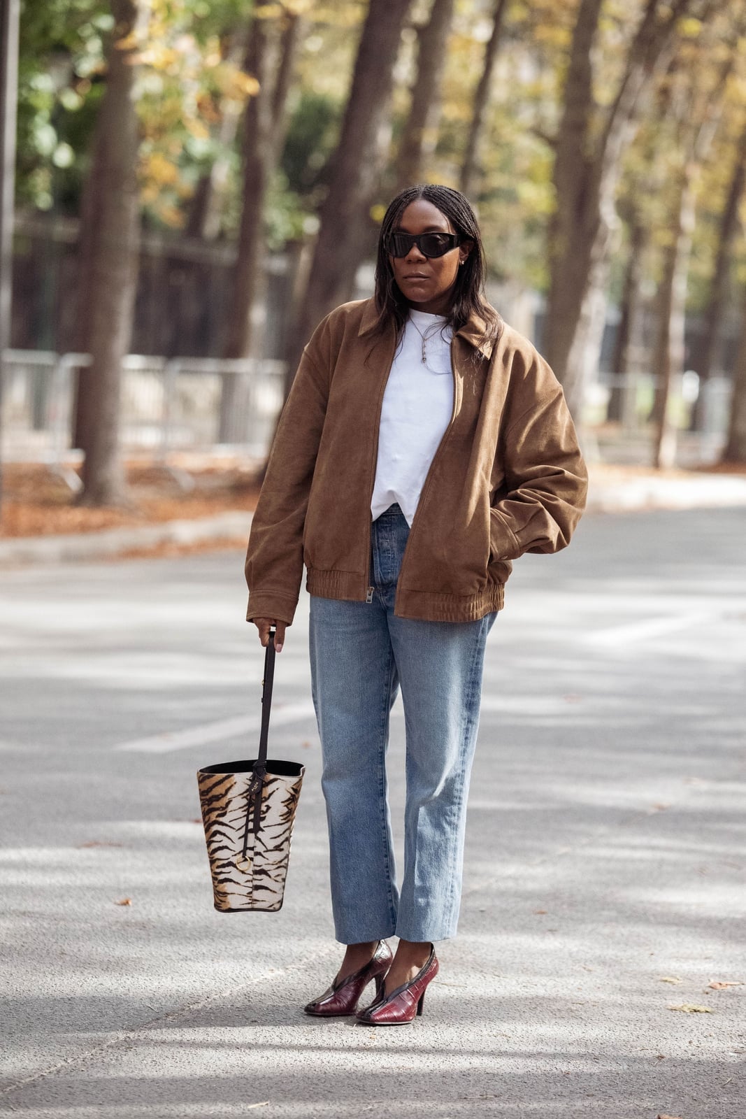 Oversized Suede Bomber Jacket with Straight Leg Jeans — Trendy Brown Jacket Outfit