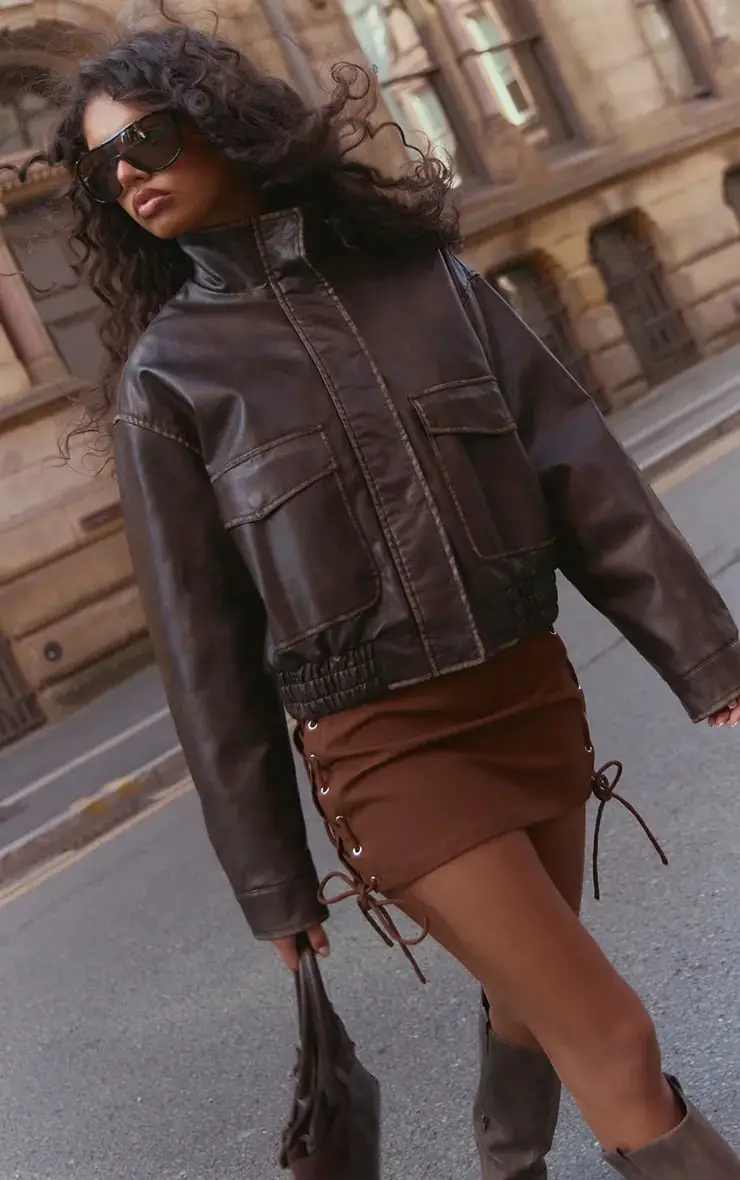 Chocolate Brown Faux Leather Jacket with Funnel Neck — Trendy Brown Jacket Outfit