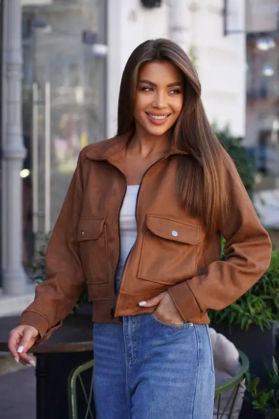 Light Brown Cropped Suede Bomber Jacket — Trendy Brown Jacket Outfit