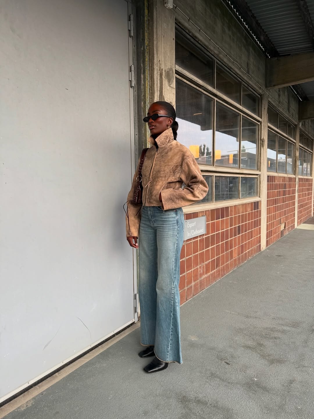 Tan Jacket with Wide-Leg Jeans and Black Flats — Trendy Brown Jacket Outfit