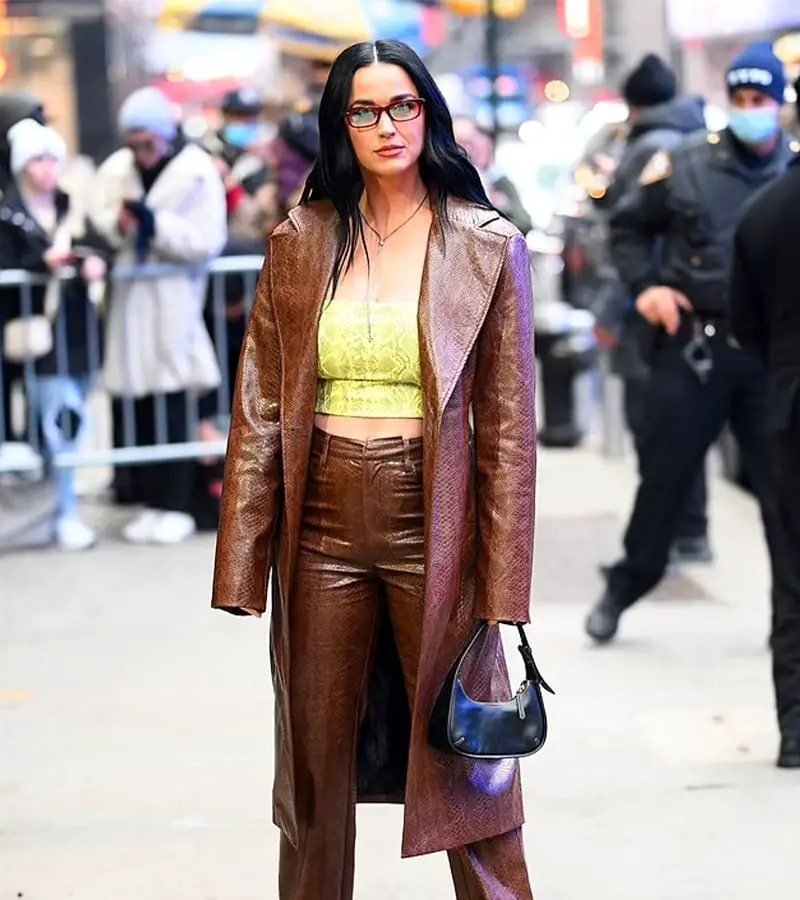 Long Brown Snake Print Coat Over Neon Crop Top — Trendy Brown Jacket Outfit