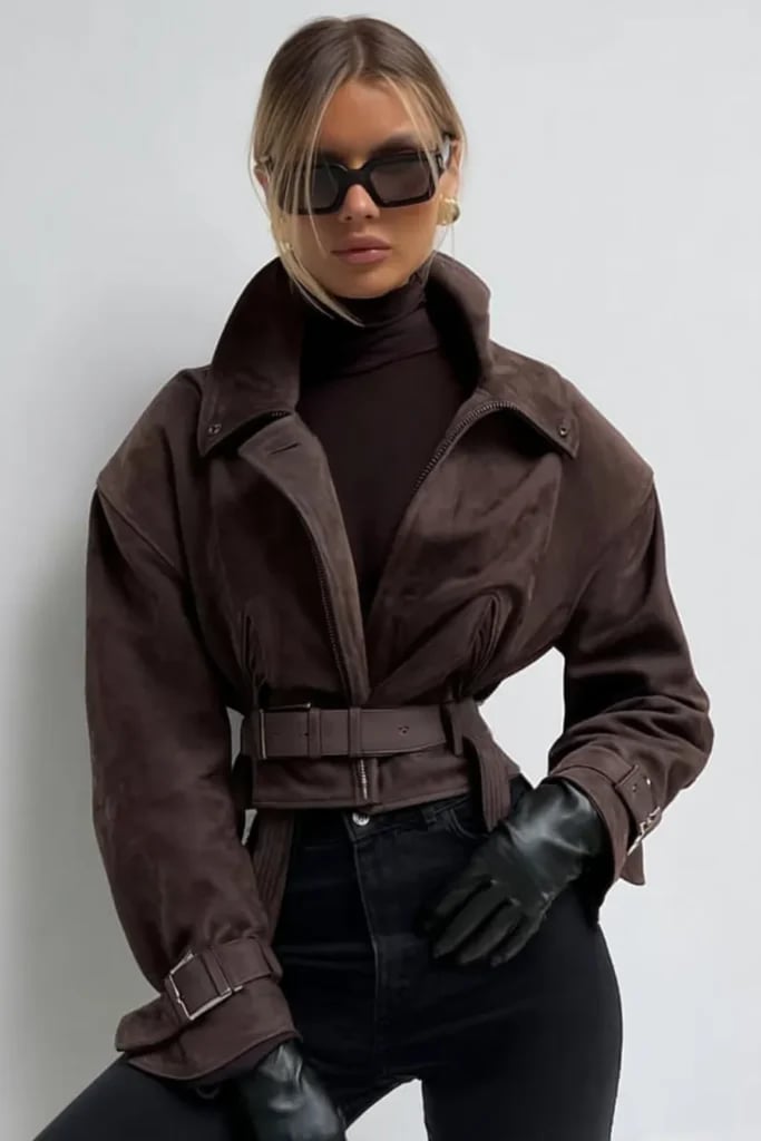 Belted Oversized Brown Suede Jacket with Skinny Jeans — Trendy Brown Jacket Outfit