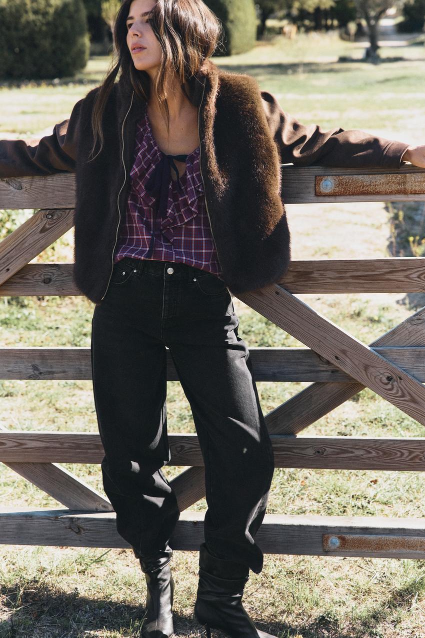 Brown Zip-Up Jacket with Faux Fur Vest and Plaid Shirt — Trendy Brown Jacket Outfit