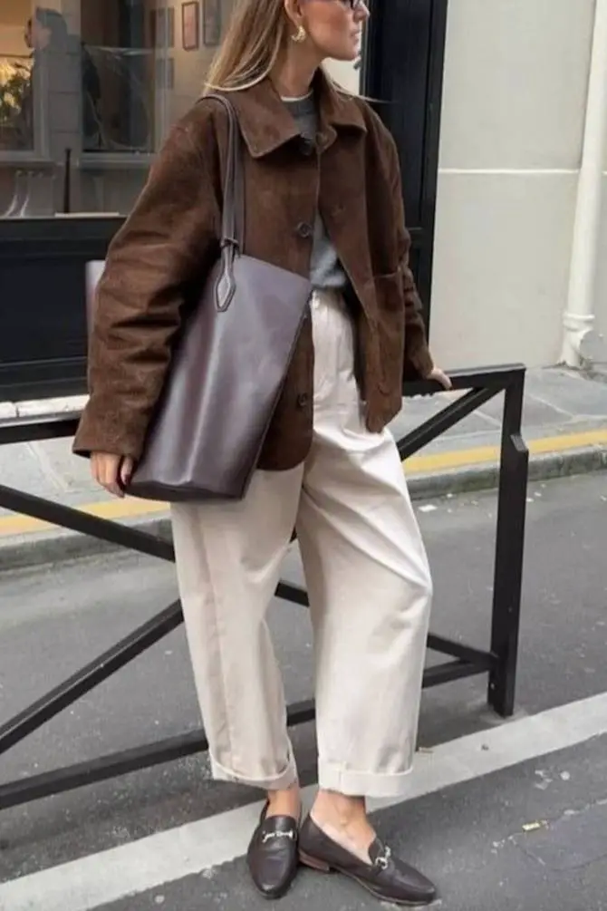Relaxed Fit Suede Jacket with Wide-Leg Cream Trousers — Trendy Brown Jacket Outfit