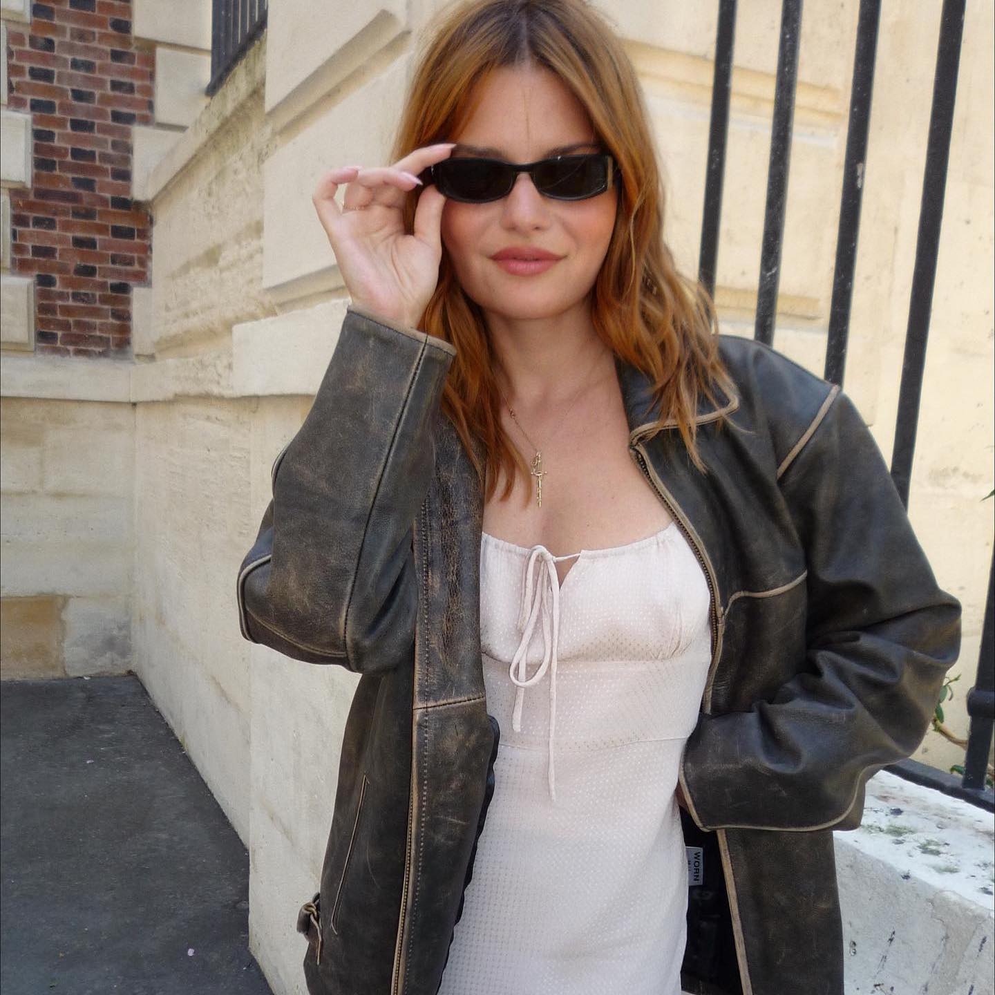 Distressed Brown Leather Jacket with Slip Dress — Trendy Brown Jacket Outfit