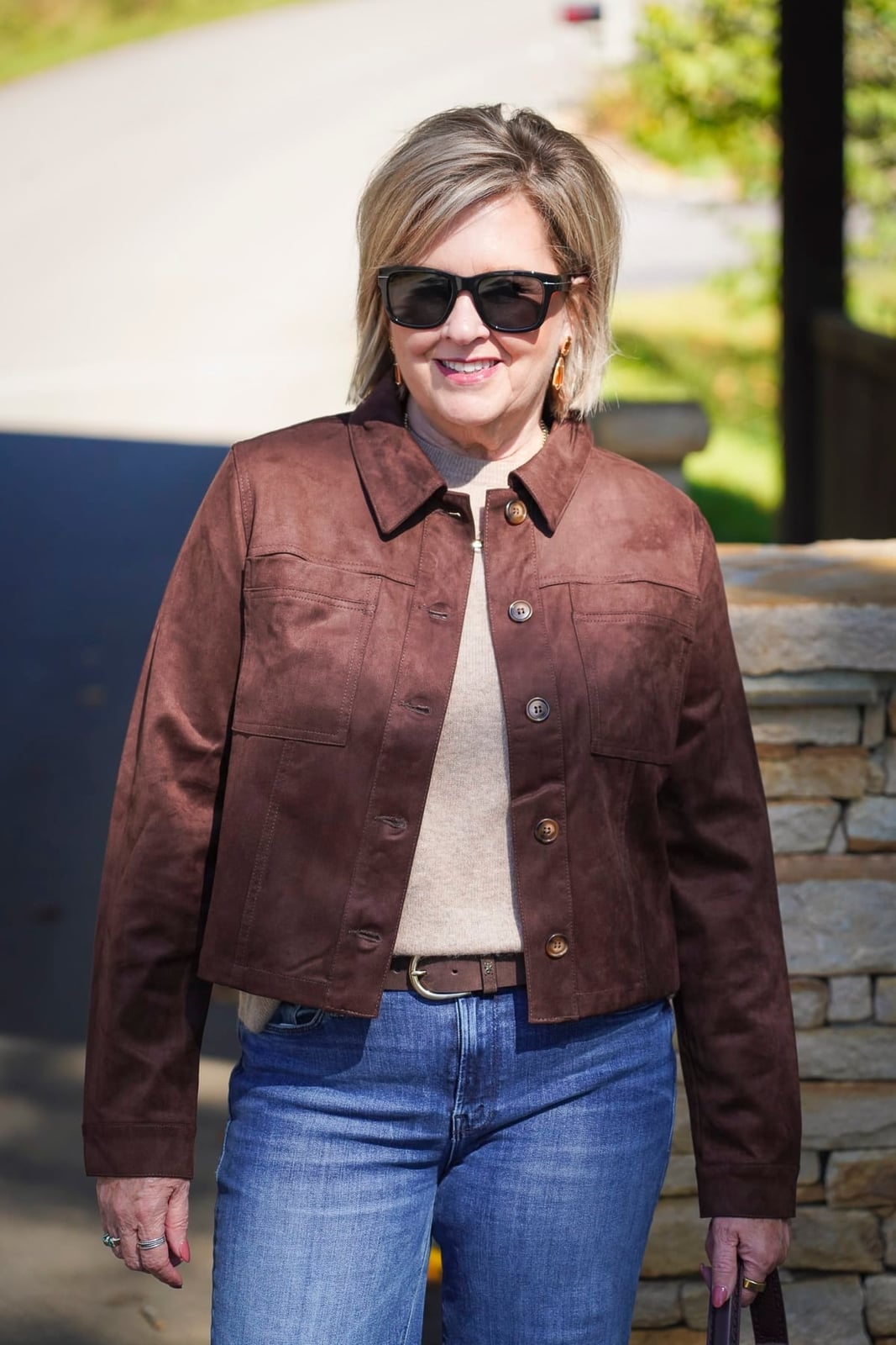 Cropped Brown Suede Jacket with Beige Knit Top — Trendy Brown Jacket Outfit