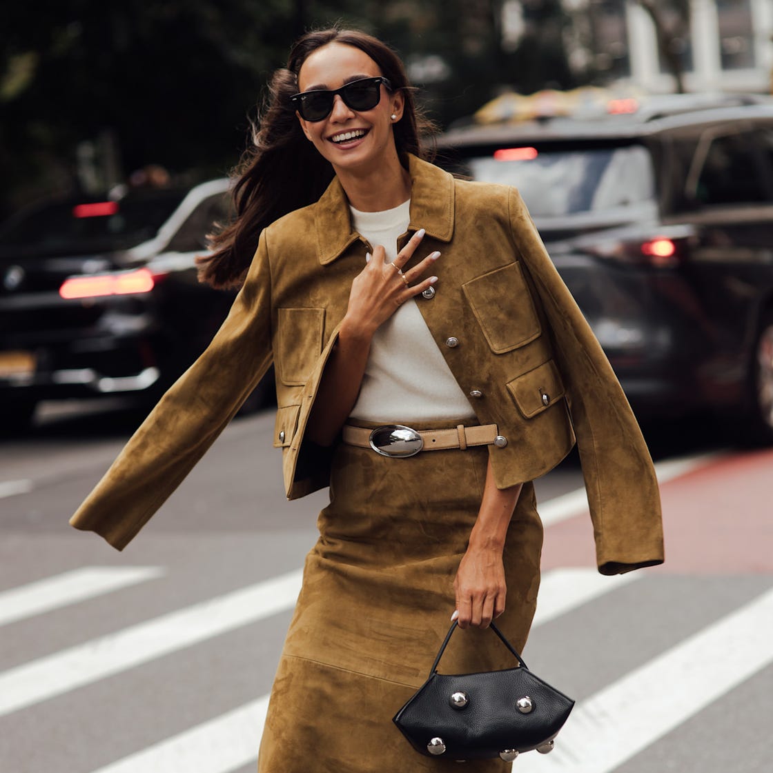 Cropped Brown Suede Jacket with Matching Midi Skirt — Trendy Brown Jacket Outfit
