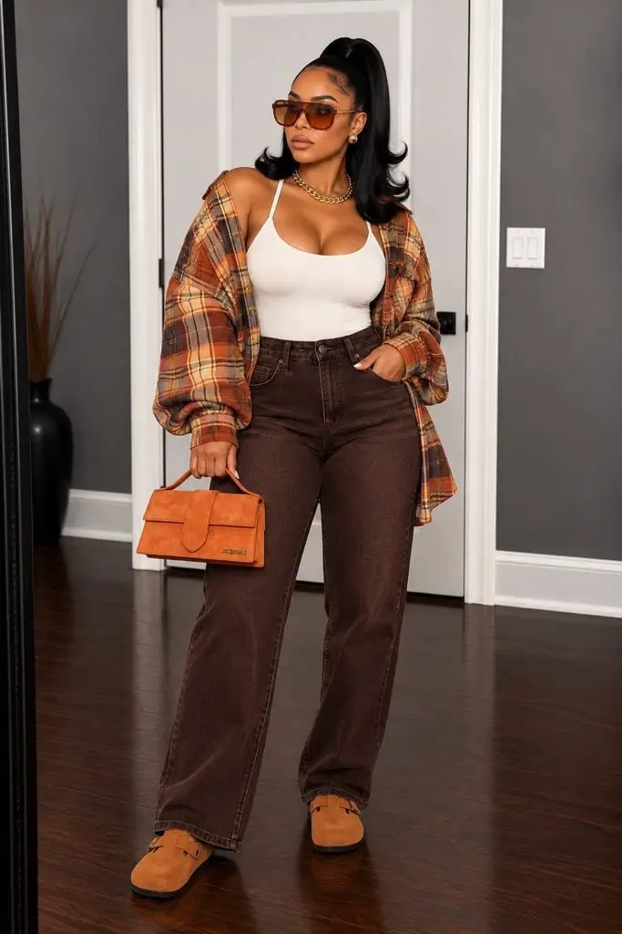 Brown Wide Leg Jeans With Plaid Shirt Jacket Brown Wide Leg Jeans With Plaid Shirt Jacket — Trendy Brown Jeans Outfits