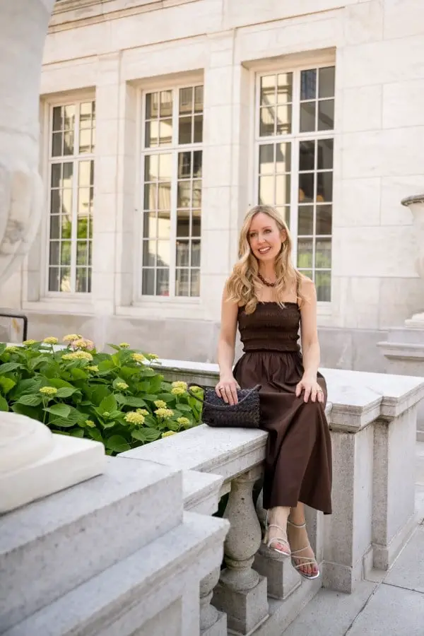 Monochromatic Brown Smocked Dress and Beige Sandals, Close-Up Take — Trendy Brown Outfits