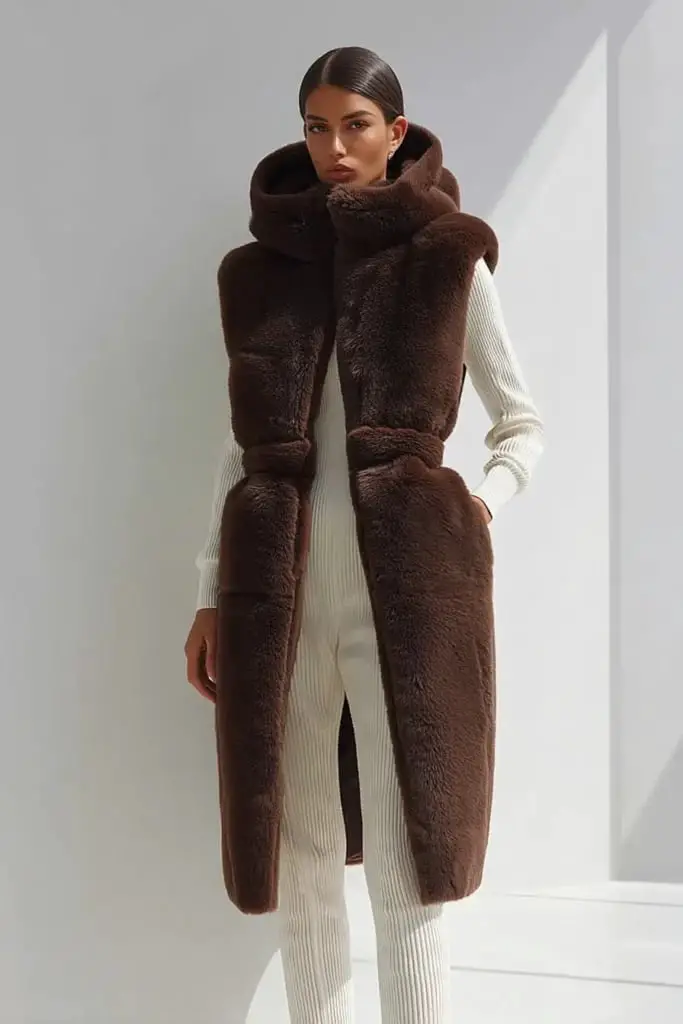 White Knit Jumpsuit with Hooded Brown Faux Fur, Office-Safe Version — Trendy Brown Outfits