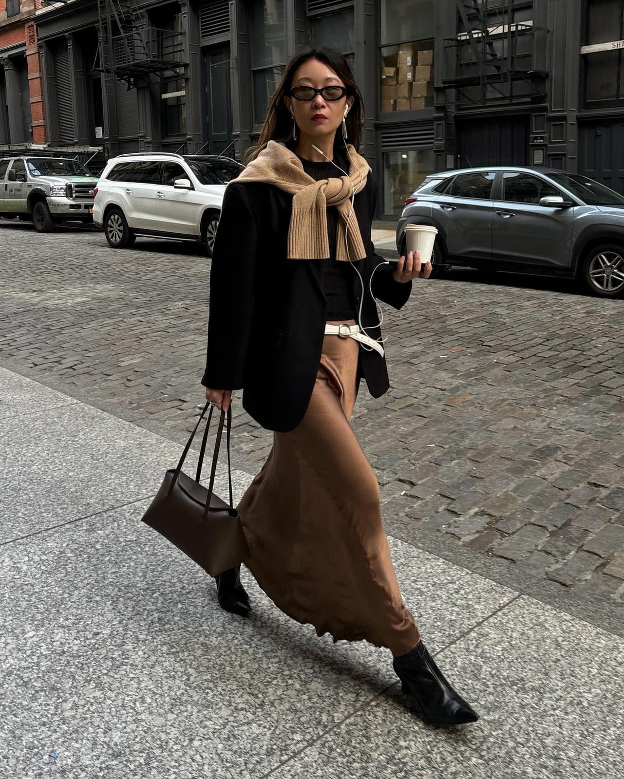 Flowing Brown Satin Slip Skirt with Blazer and Black Pointed Boots — Trendy Brown Outfits