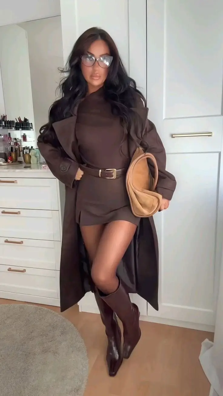 Layered Brown Mini Dress and Trench Coat — Trendy Brown Outfits