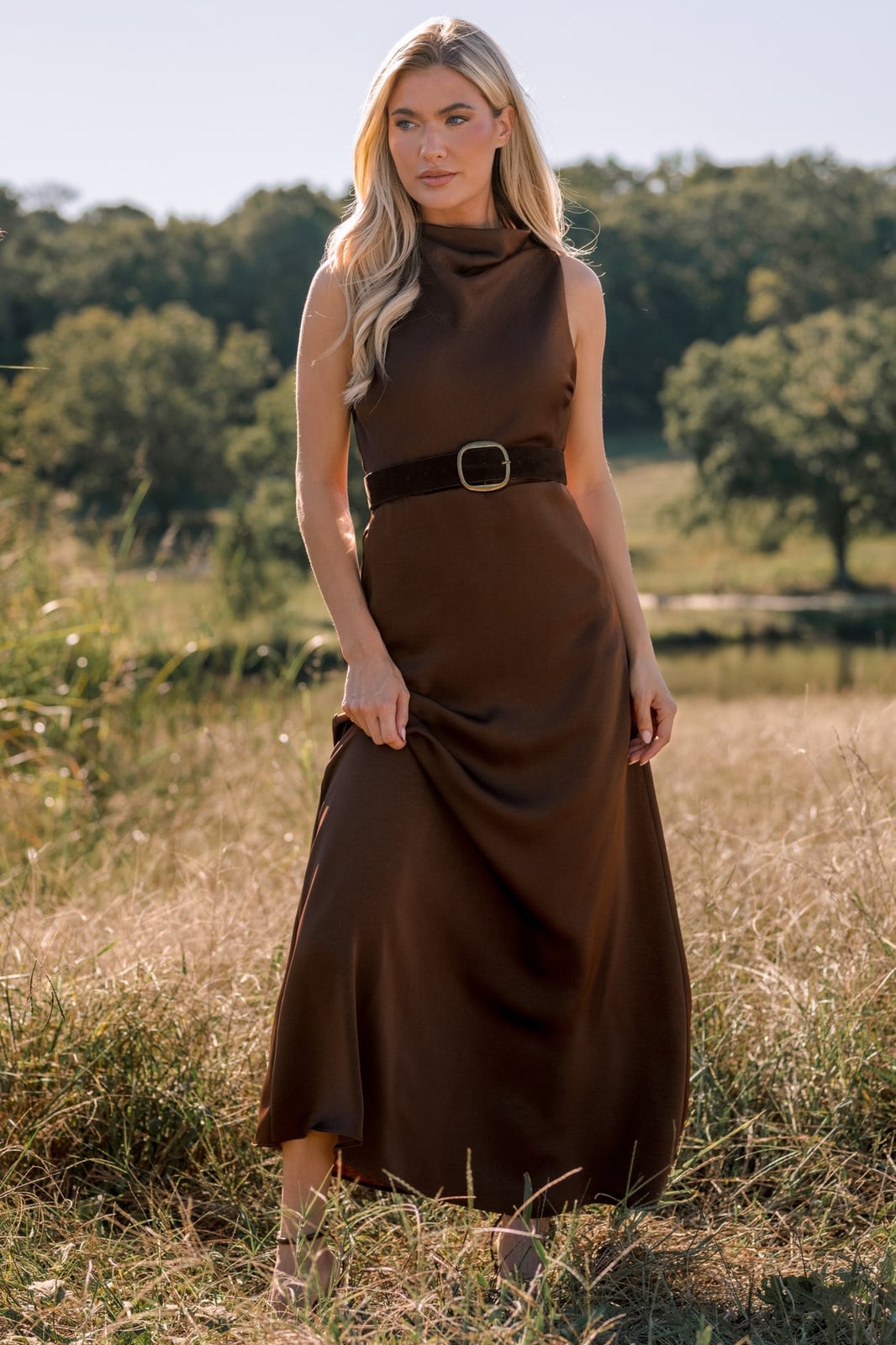Sleek Brown Satin Maxi Dress with Belt, Close-Up Take — Trendy Brown Outfits