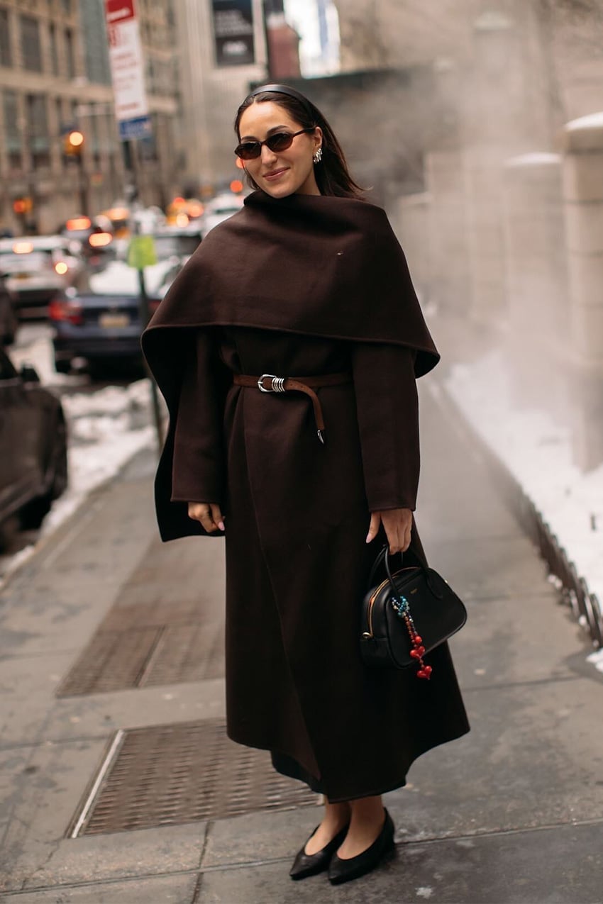 Dramatic Dark Brown Wool Cape with Belt — Trendy Brown Outfits