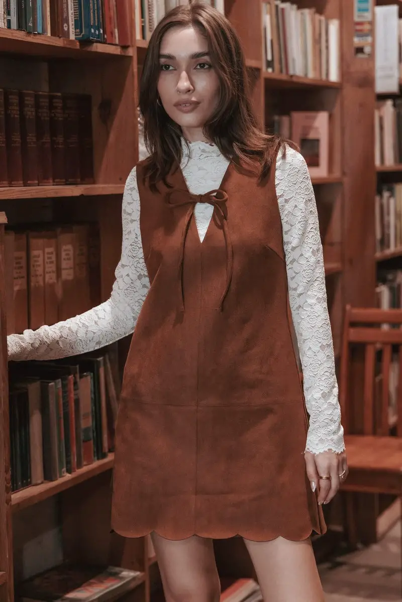 Brown Suede Pinafore Dress Over Lace Top — Trendy Brown Outfits