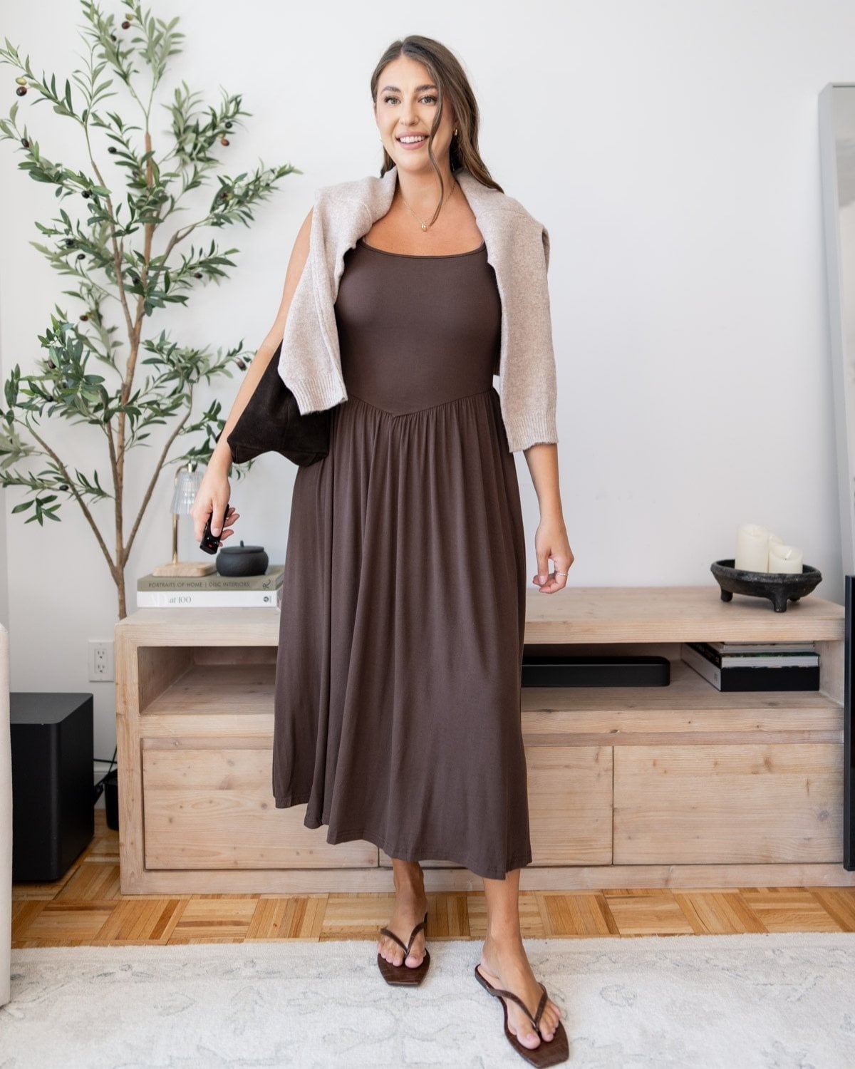 Brown A-line Midi Dress with Draped Cardigan — Trendy Brown Outfits