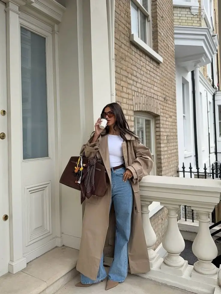 Beige Trench Coat Over Light Blue Jeans — Trendy Brown Outfits