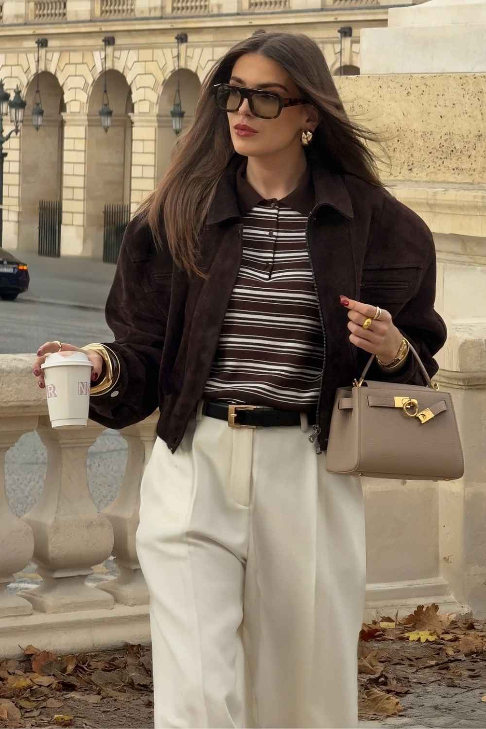 Brown Suede Bomber Jacket with White Trousers — Trendy Brown Outfits