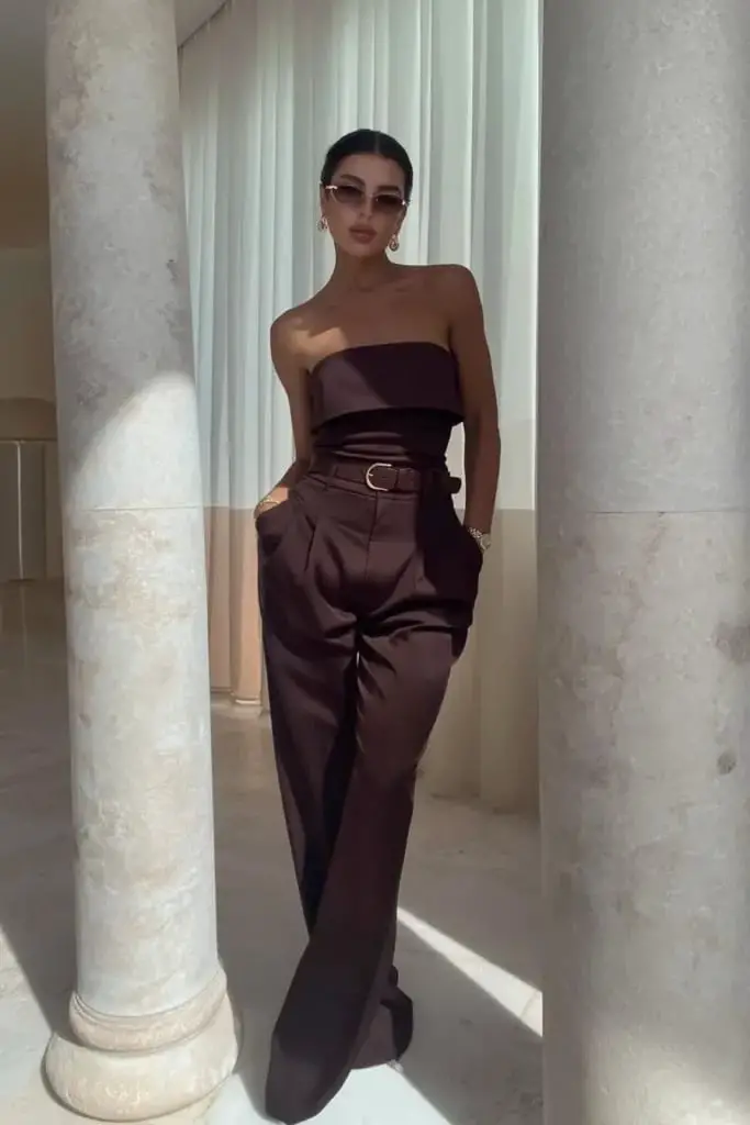 Elegant Deep Brown Strapless Jumpsuit — Trendy Brown Outfits