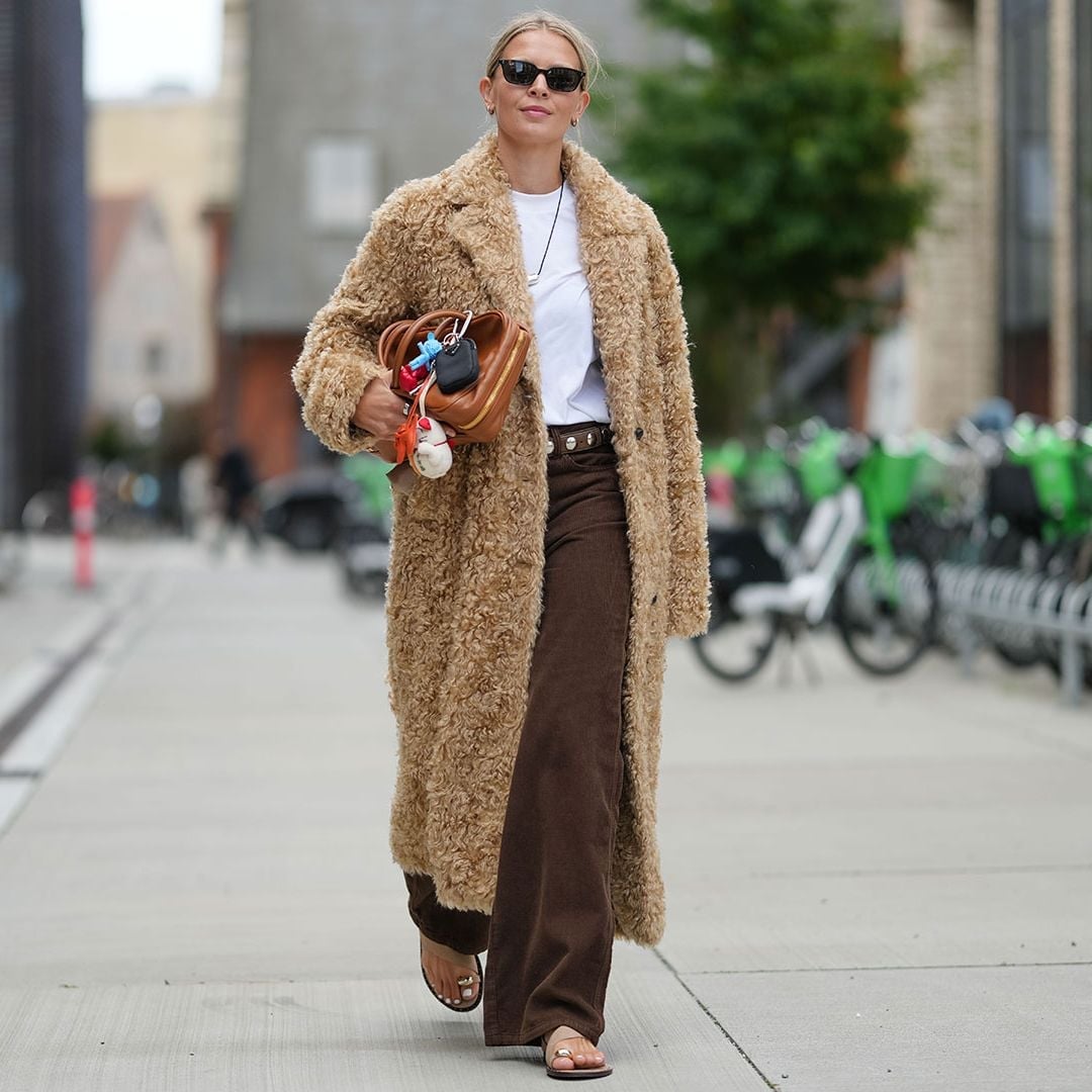 Light Brown Teddy Coat with Wide-Leg Corduroys — Trendy Brown Outfits