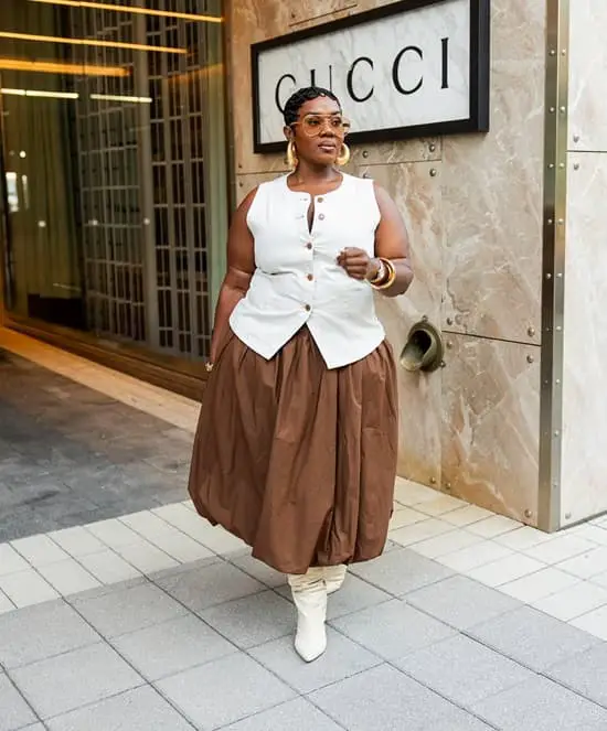 White Vest with Voluminous Brown Skirt — Trendy Brown Outfits