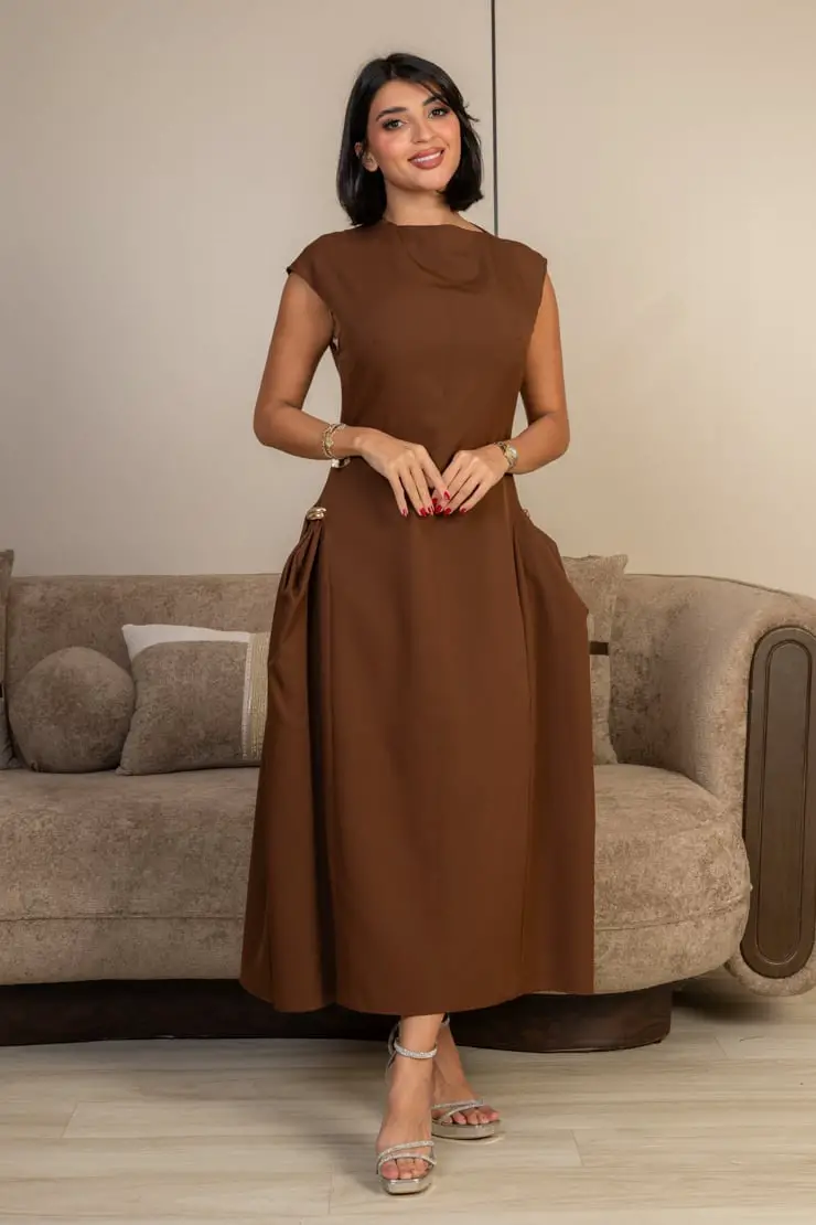 Sophisticated Brown Midi Dress with Pockets — Trendy Brown Outfits
