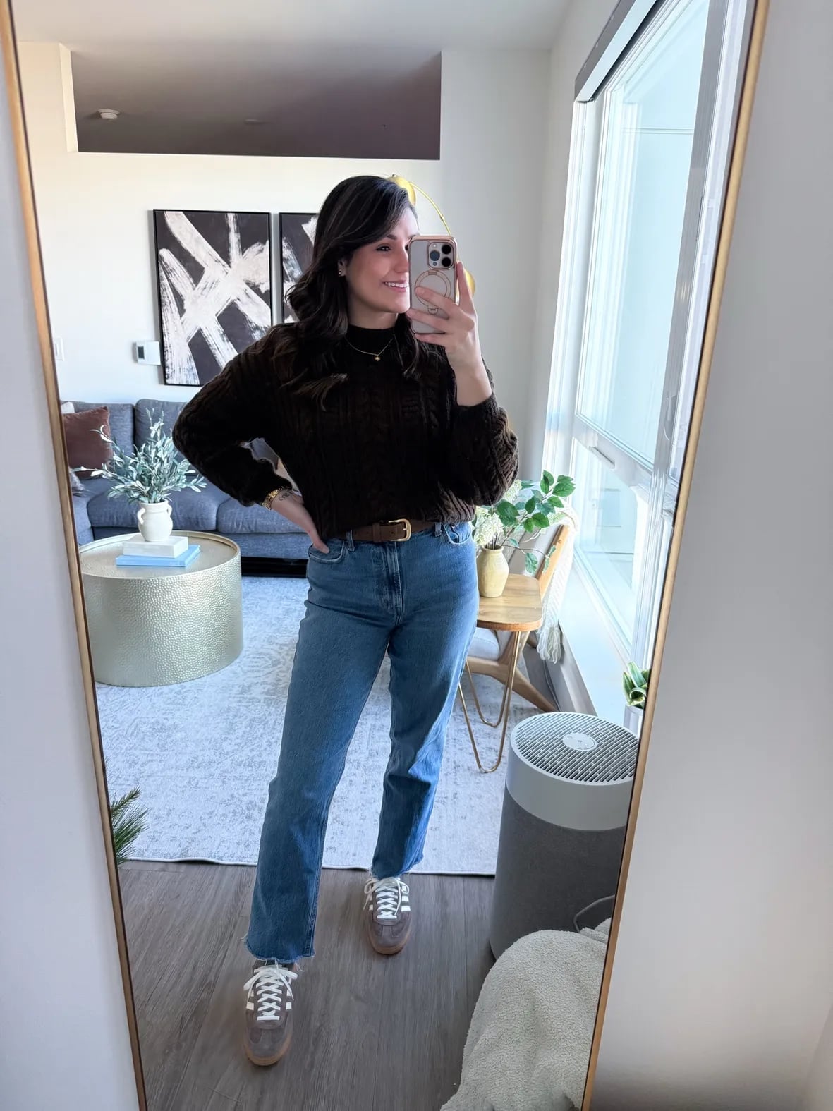 Cable Knit Sweater and Jeans with Brown Sneakers Cable Knit Sweater and Jeans with Brown Sneakers — Trendy Brown Sneakers Outfit