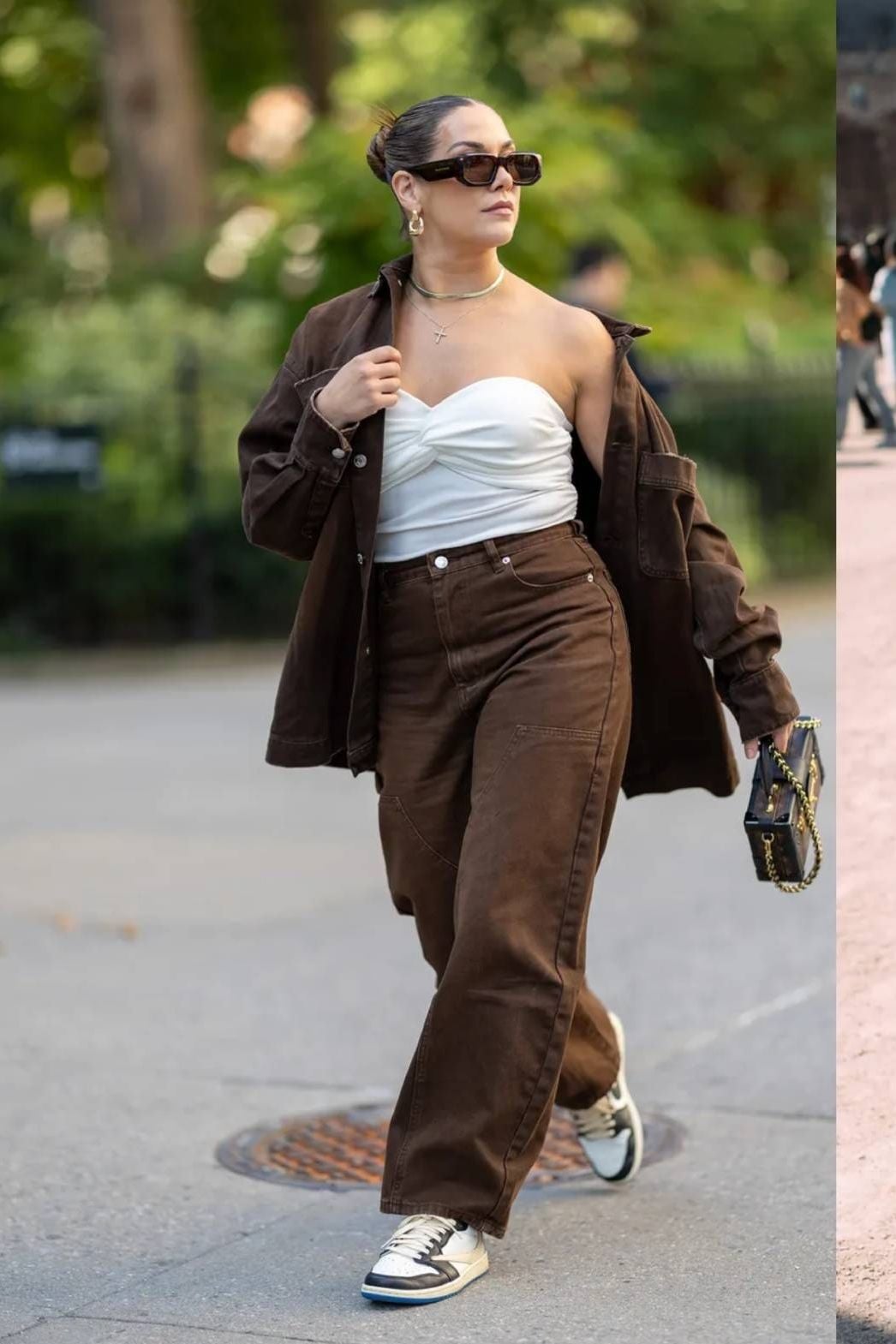 Oversized Shirt Jacket and Wide-Leg Pants with Sneakers Oversized Shirt Jacket and Wide-Leg Pants with Sneakers — Trendy Brown Sneakers Outfit