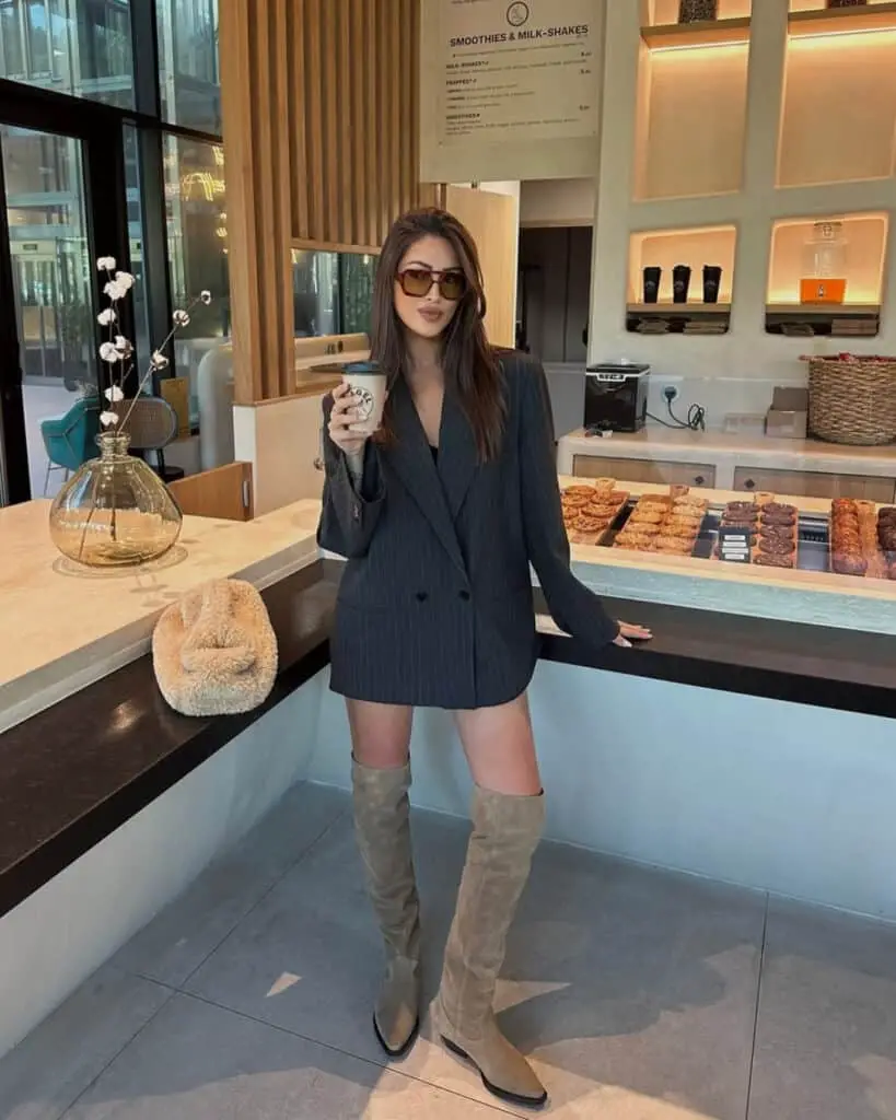Oversized Pinstripe Blazer with Denim Shorts and Knee-High Boots Oversized Pinstripe Blazer with Denim Shorts and Knee-High Boots — Trendy Brunch Outfits