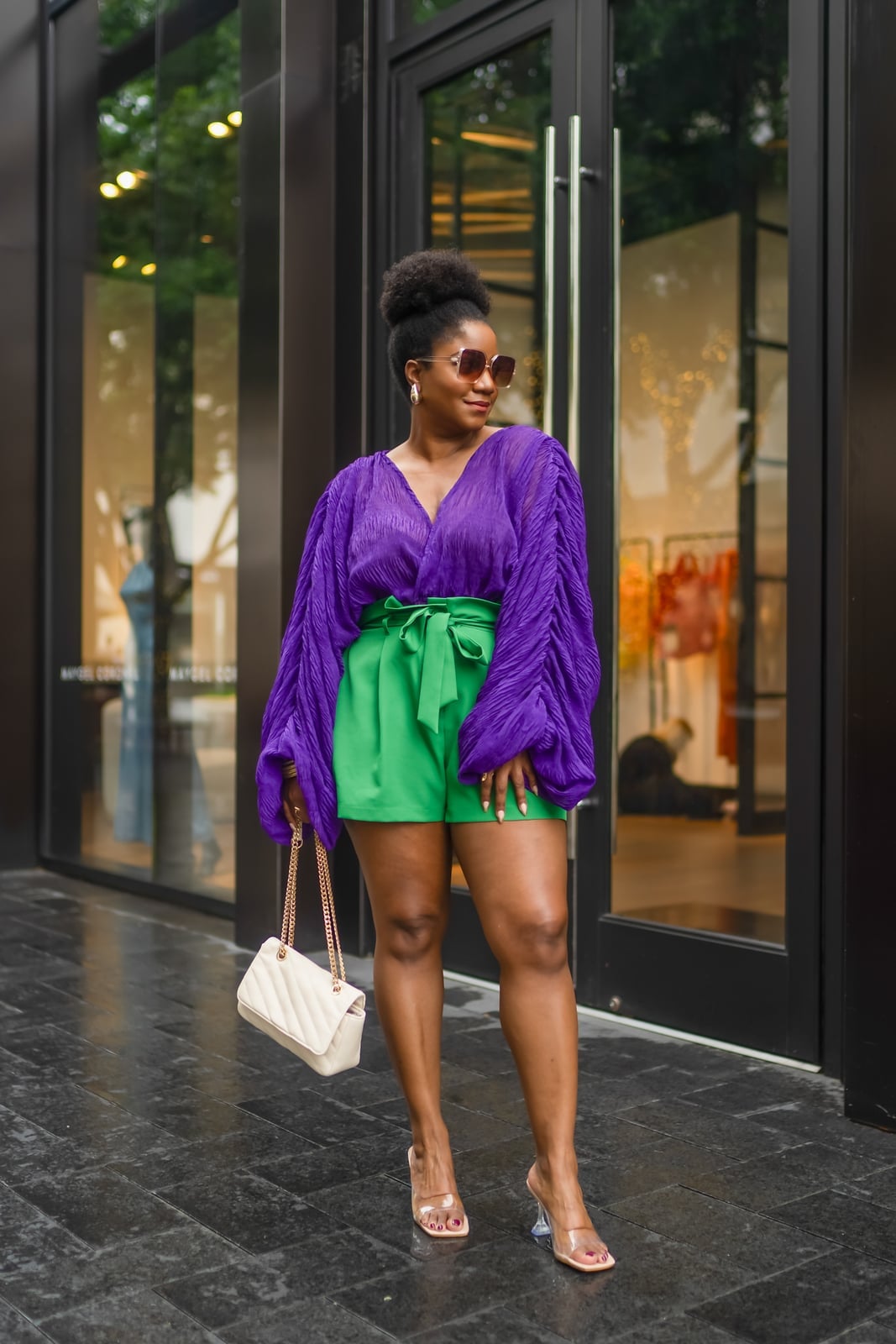 Purple Sheer Blouse with Green High-Waisted Shorts Purple Sheer Blouse with Green High-Waisted Shorts — Trendy Brunch Outfits